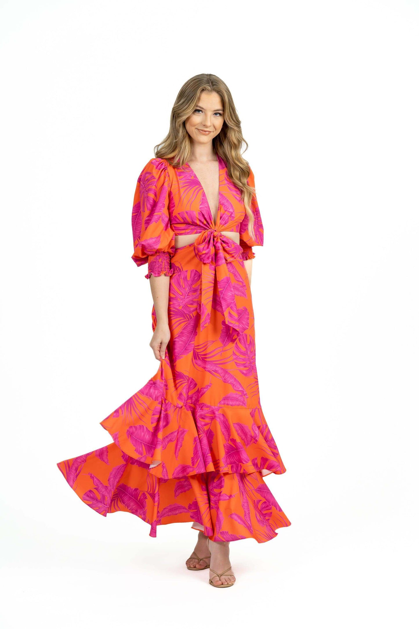 Plunging neckline with bow tie detail on Caryota Maxi Dress