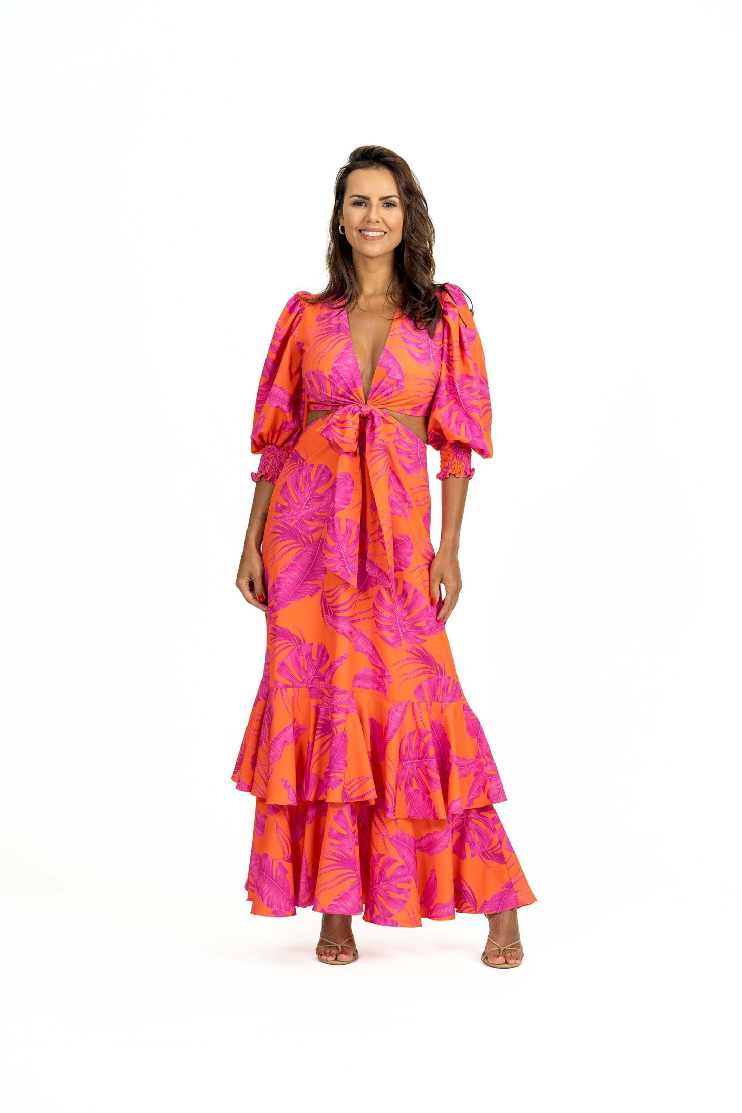 3/4 puff sleeves with shirred ruffle hem cuffs on Caryota Maxi Dress