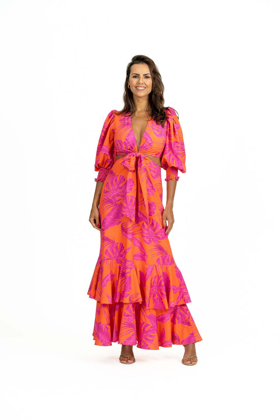 3/4 puff sleeves with shirred ruffle hem cuffs on Caryota Maxi Dress