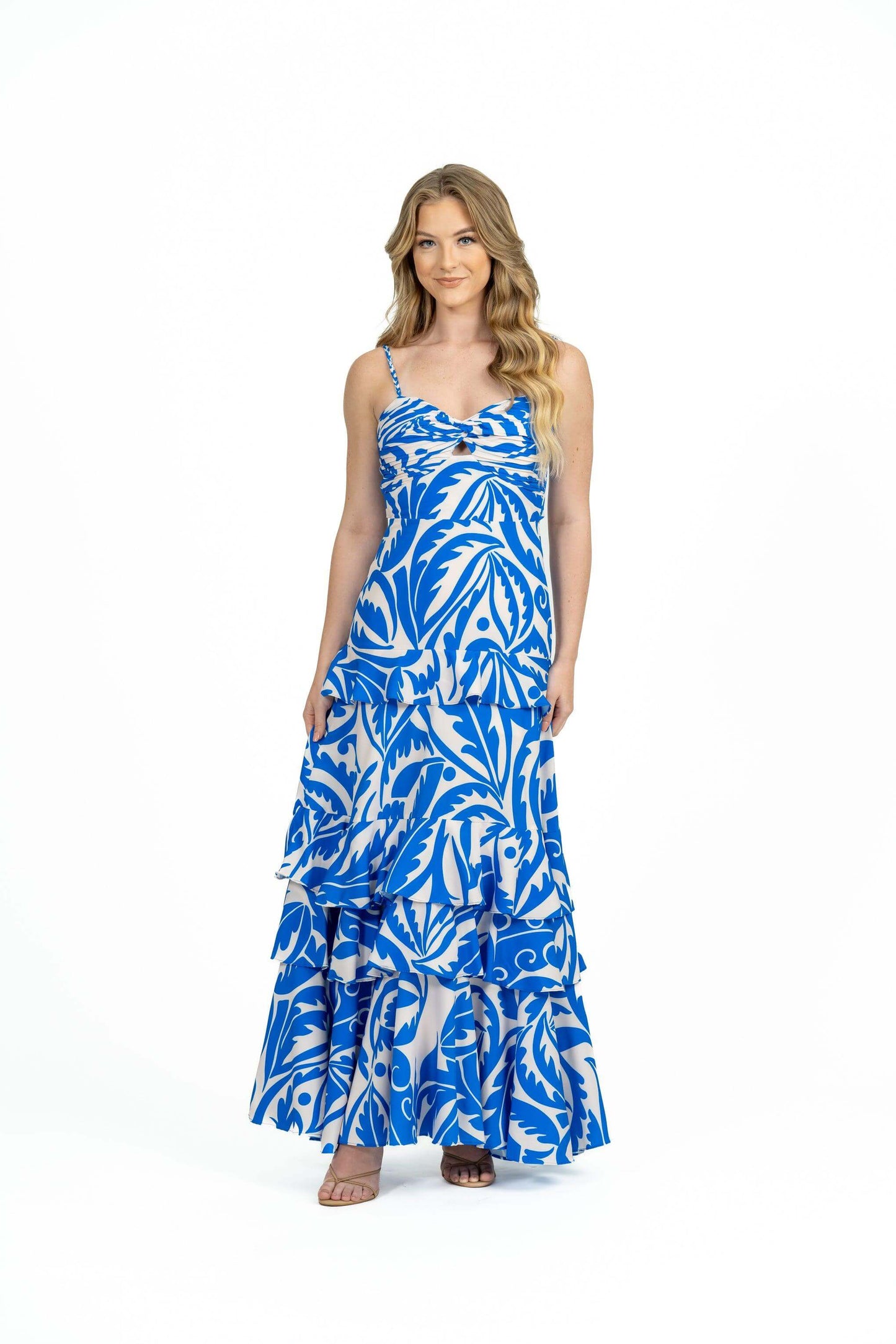 Kentia Maxi Dress with beautifully twisted neckline and pleated sweetheart top