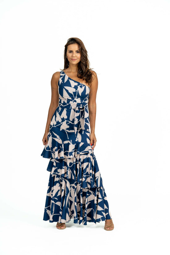 Mazari Maxi Dress with elegant one-shoulder neckline and sash belt