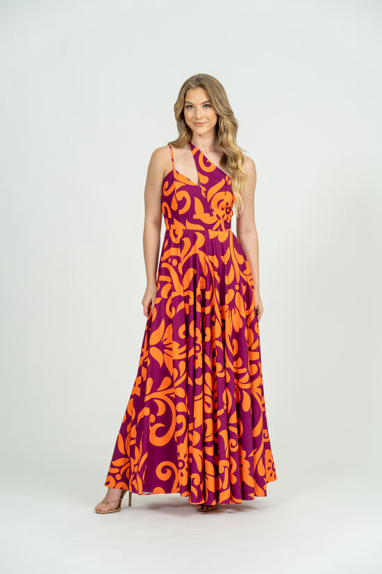 Load and play video in Gallery viewer, Video of Myola Maxi Dress showcasing asymmetrical neckline, empire waist, and flowing skirt
