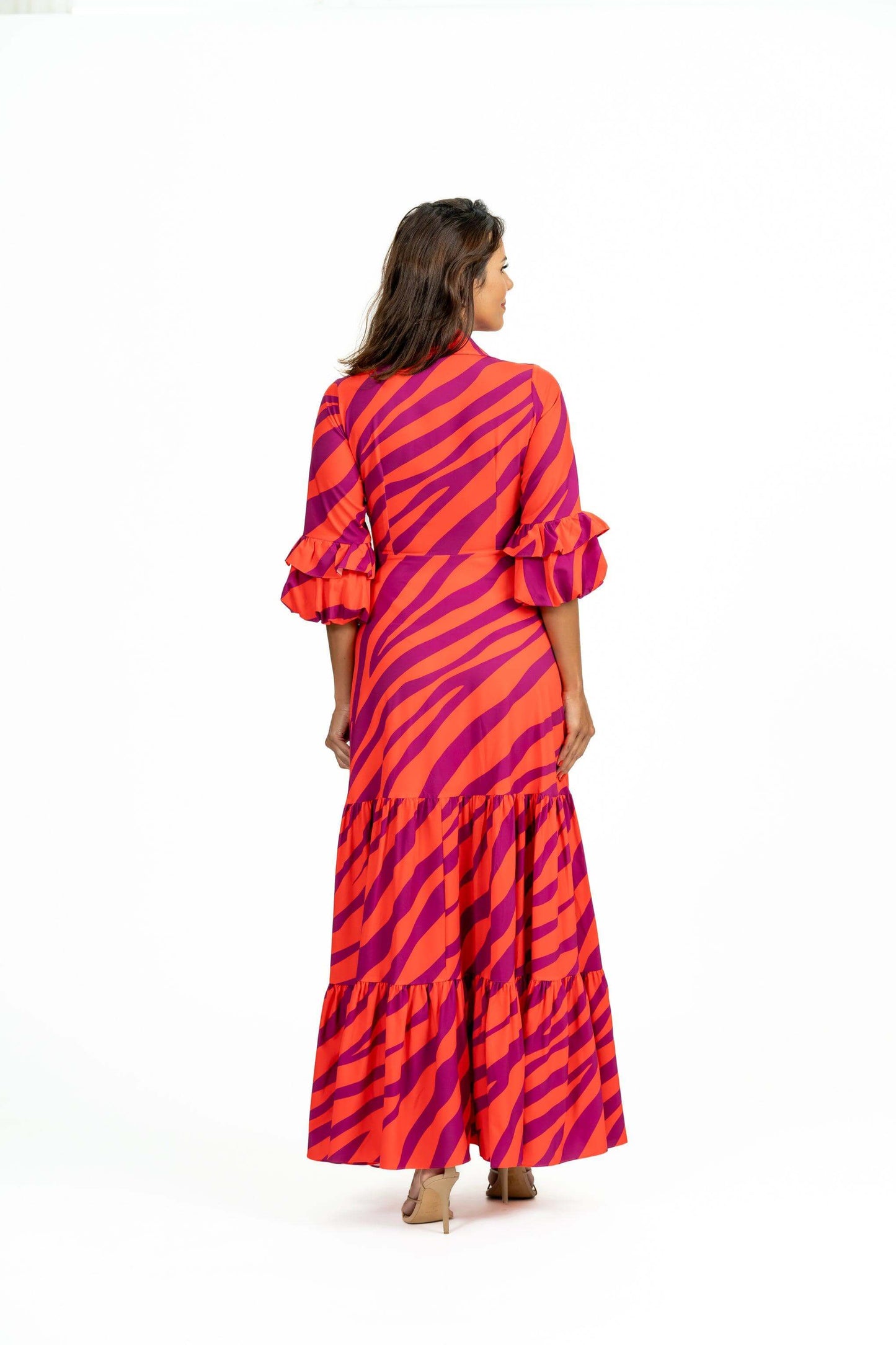 3/4 semi-puff sleeves with ruffle cuffs on Sago Maxi Dress