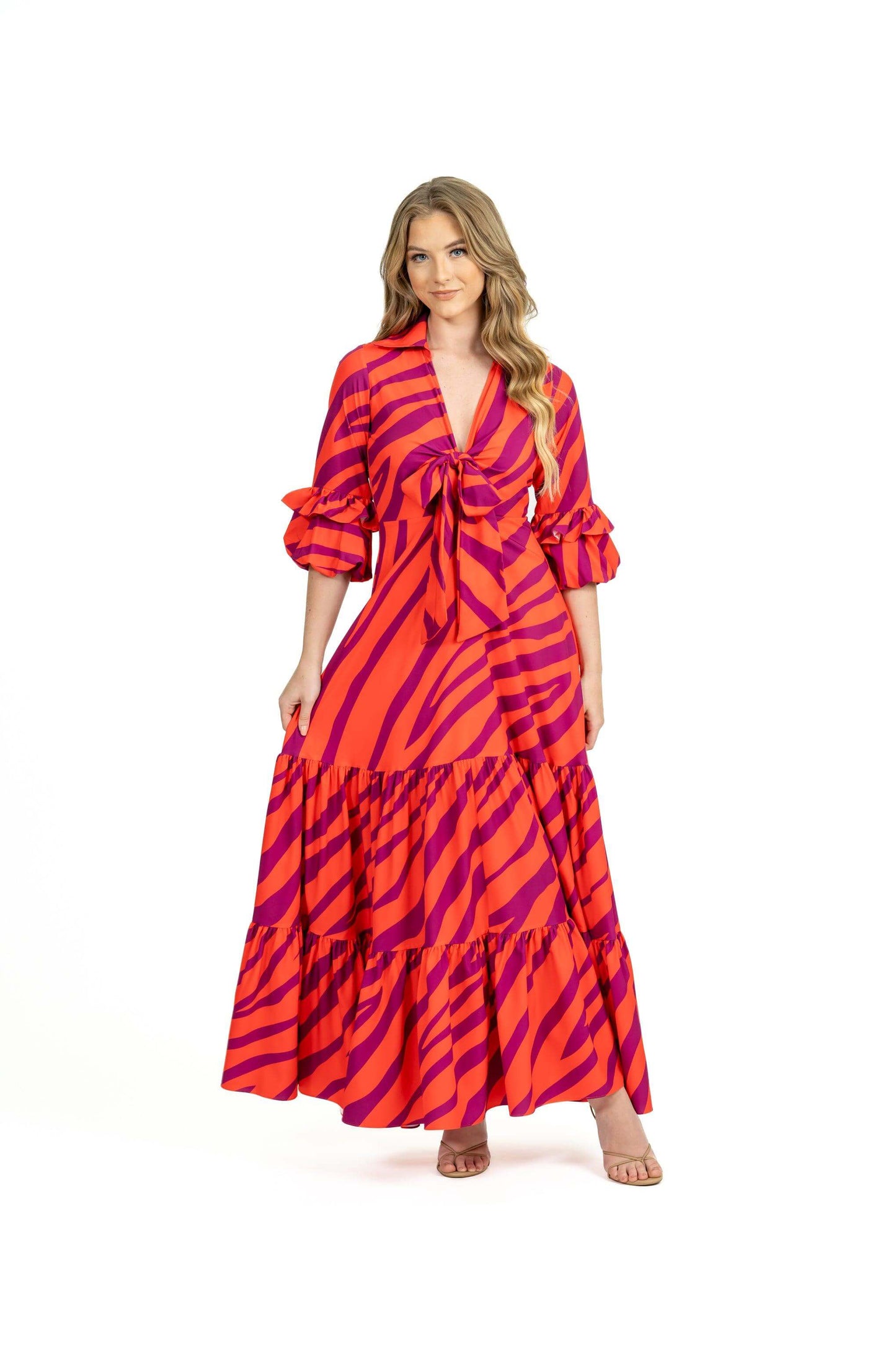 Sago Maxi Dress with V-neck bow tie and versatile silhouette